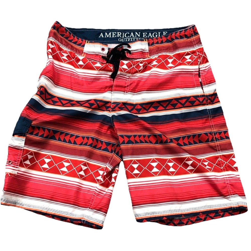 American Eagle Swim Trunks Men Medium Red White Board Shorts Aztec Geometric
